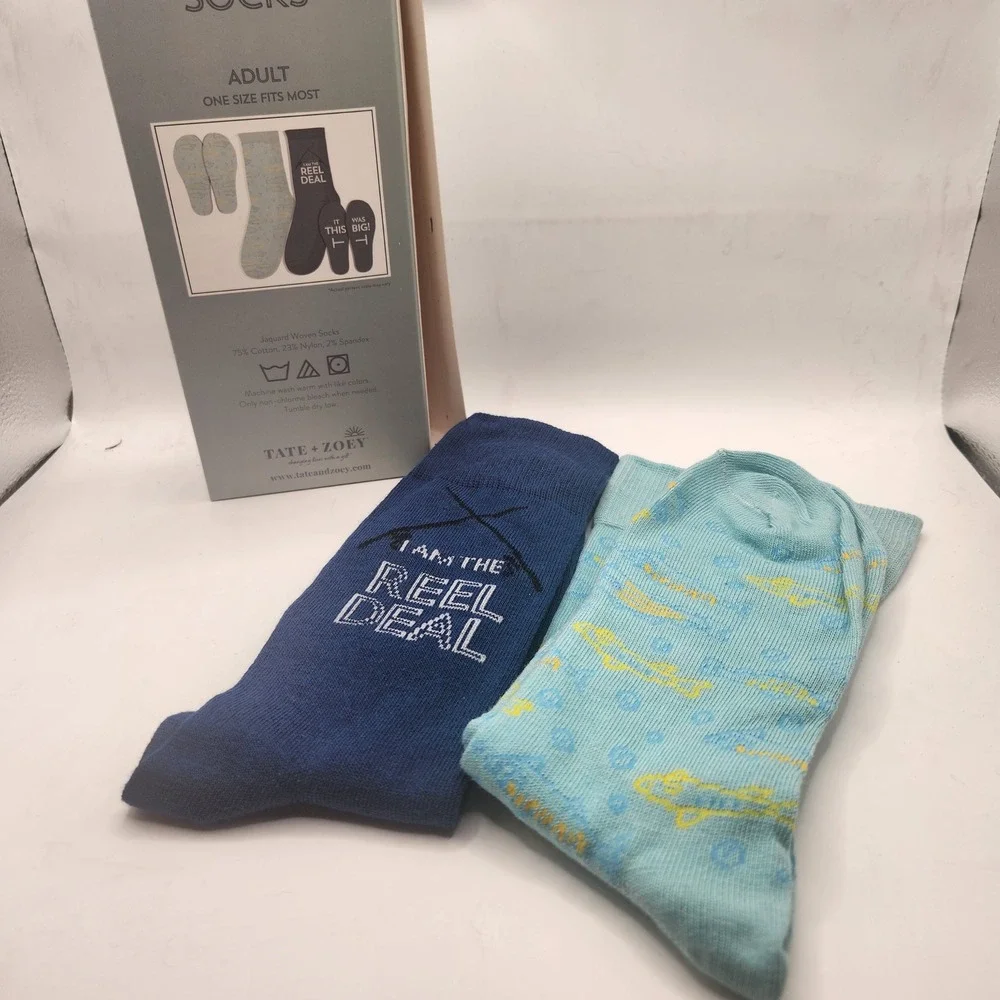 Tate + Zoey 2 Pair Fishing Socks Mens One Size I Am The Reel Deal Blue Cotton
